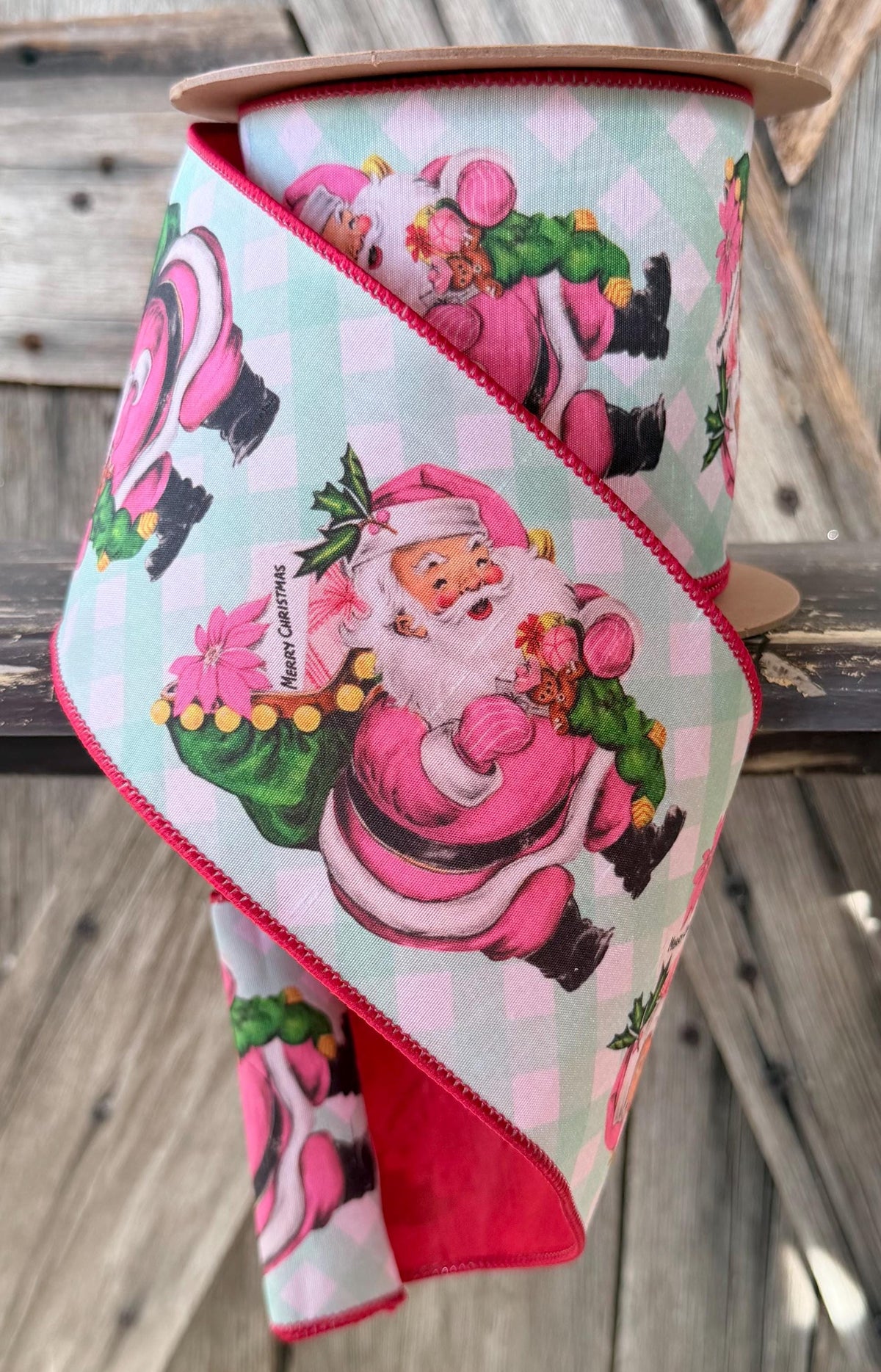 Retro Pink Santa on Red Backing Wired Ribbon 4 Inch