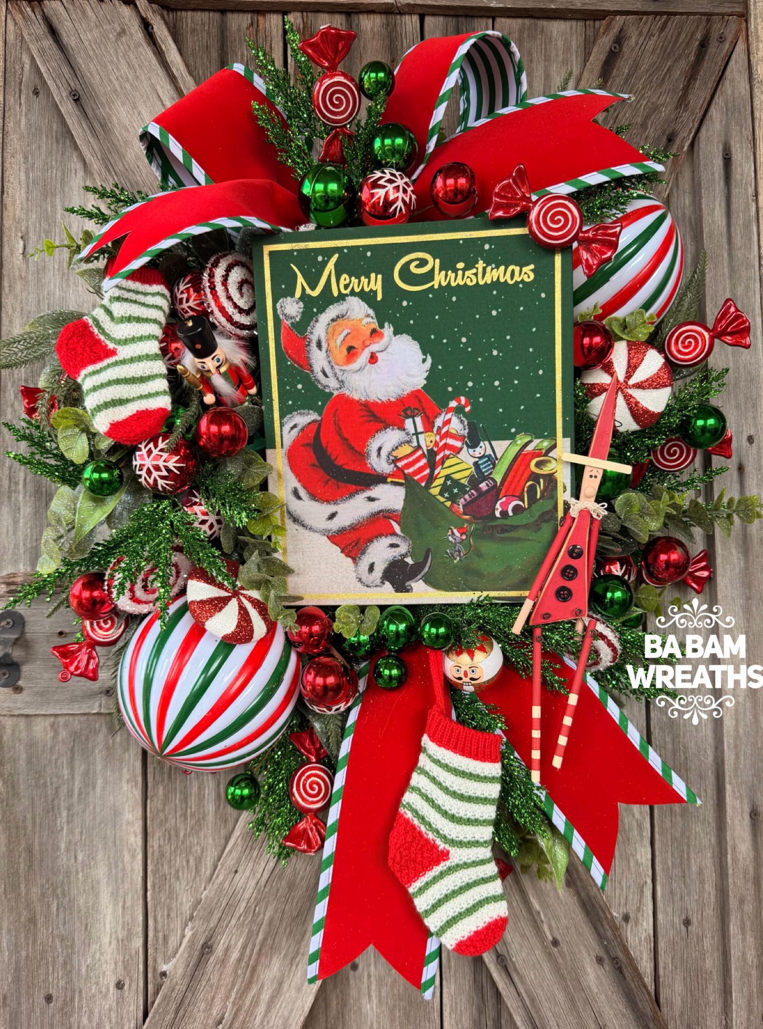 Santa Wreath, Vintage Christmas Wreath, Holiday Wreath, Colorful Christmas Wreath, Whimsical Christmas