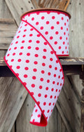 Red White Polka Dot, Solid Red Back Wired Ribbon 4 Inch