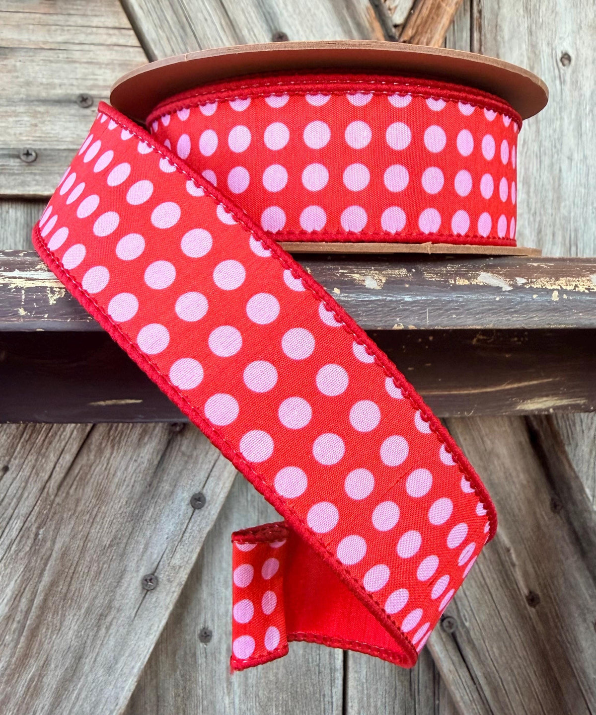 Red Pink Polka Dot  Wired Ribbon 1.5 Inch