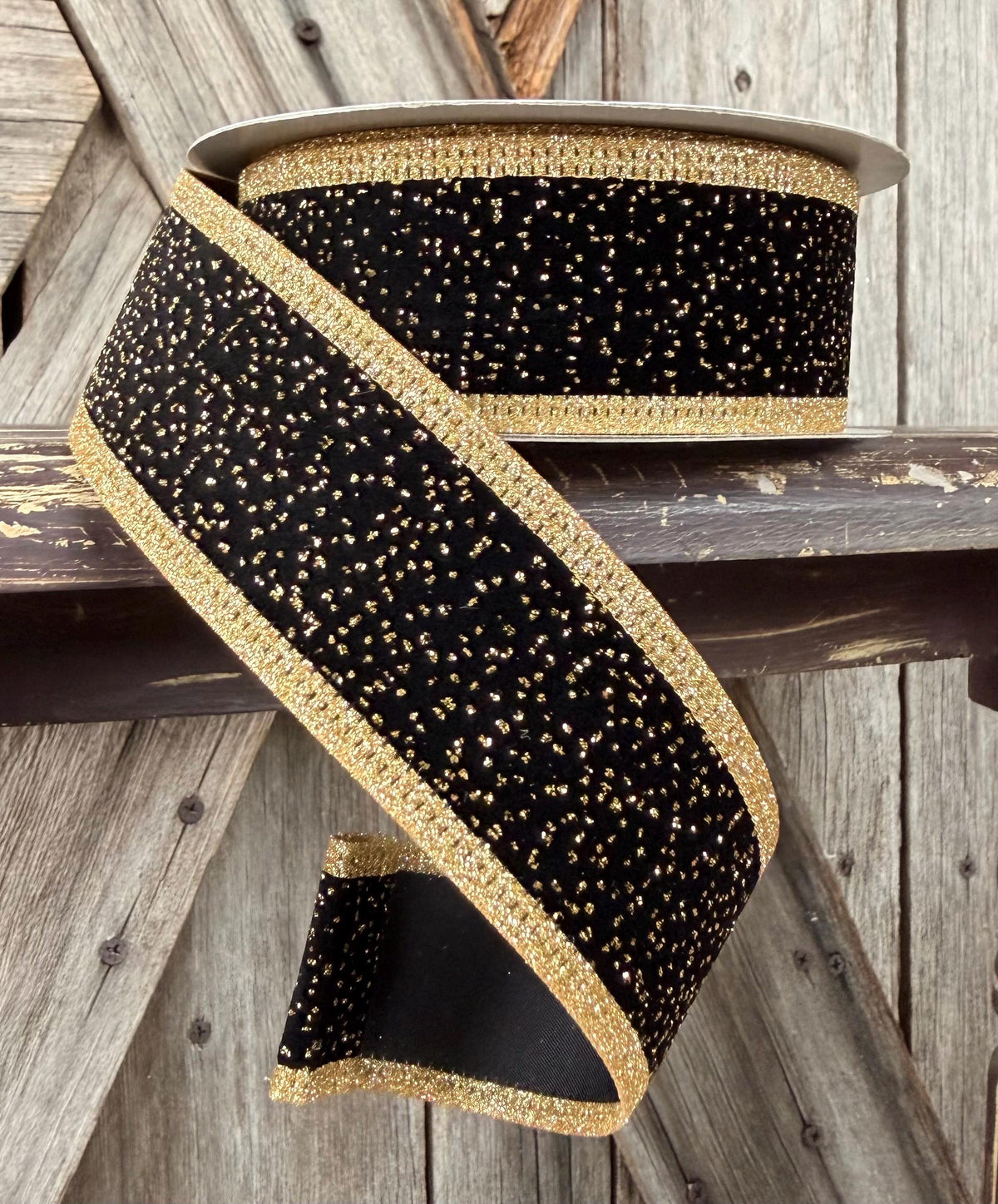 Black Velvet Gold Sparkle Wired Ribbon 1.5 Inch