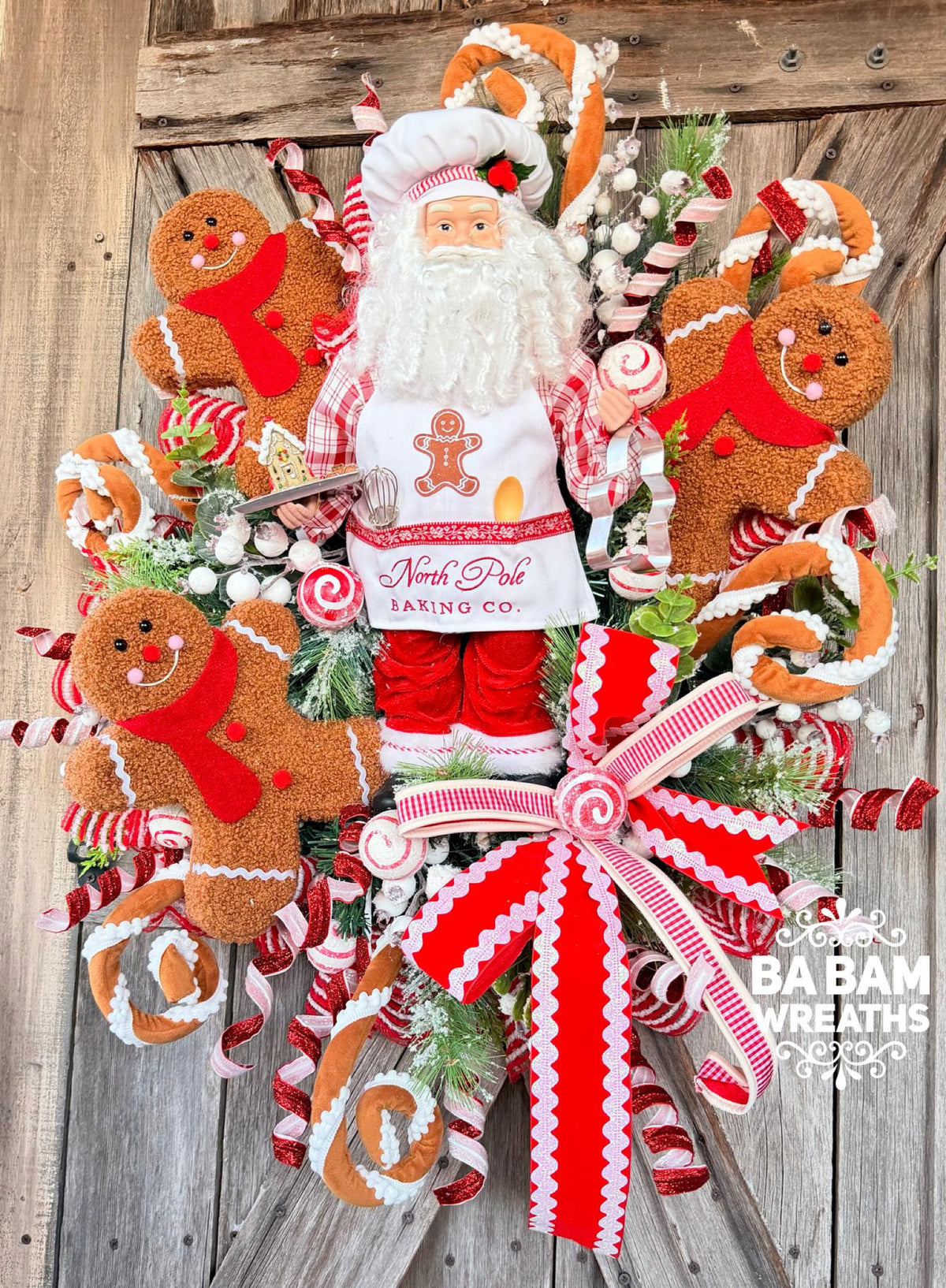 Gingerbread Christmas Wreath, North Pole Baker Santa Wreath, Large Gingerbread Wreath, Peppermint Candy Christmas Door Decor
