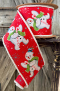 Retro Snowman on Red Wired Ribbon 4 Inch