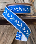 White Vine on Blue Wired Ribbon 1.5 Inch