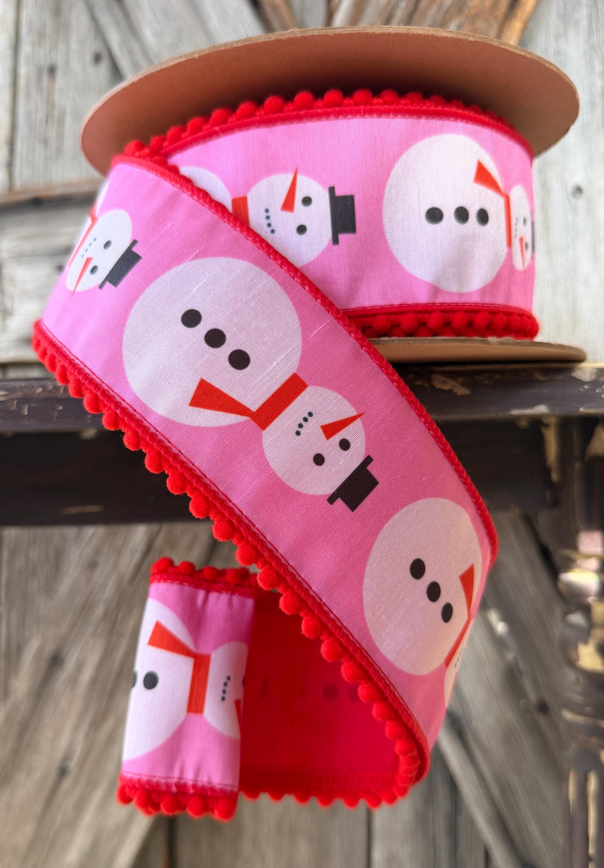 Snowman on Pink Red Wired Ribbon 2.5 Inch
