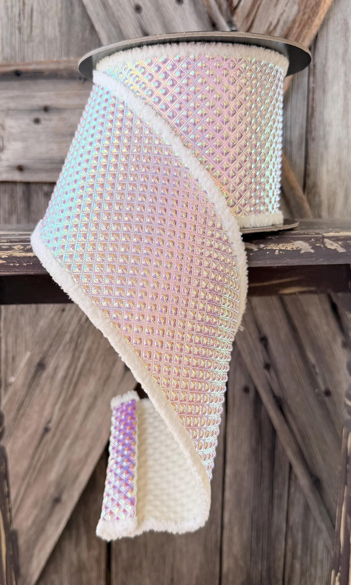 Pink White Iridescent Wired Ribbon 4 Inch