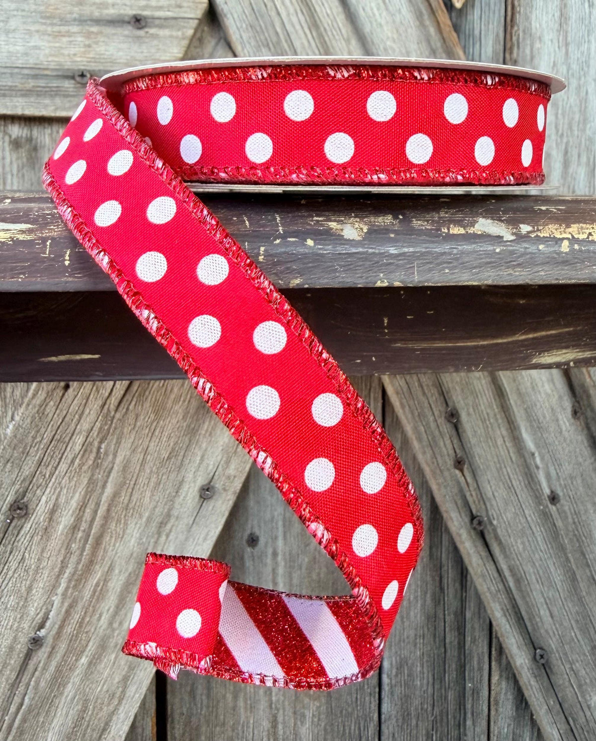 Red White Two Side Polka Dot and Stripe Wired Ribbon 1 Inch